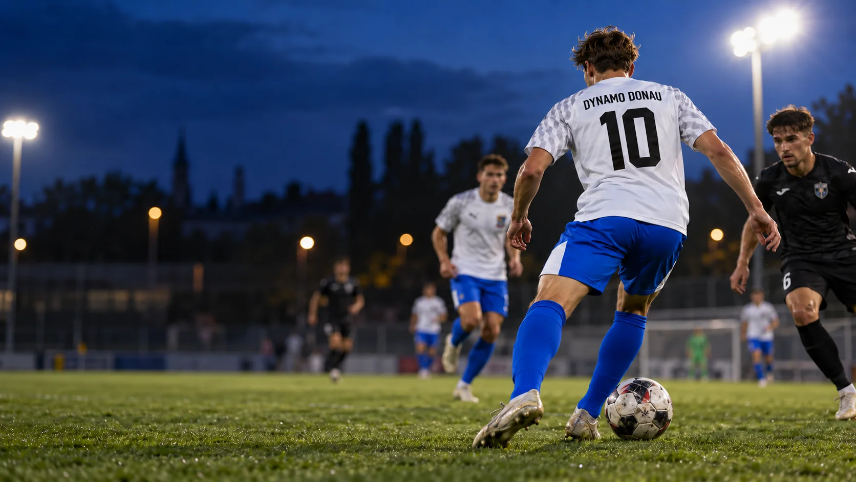 Fußballspieler im weißen Dynamo-Trikot mit schwarzer Rückenbeschriftung, blauer Hose und blauen Stutzen