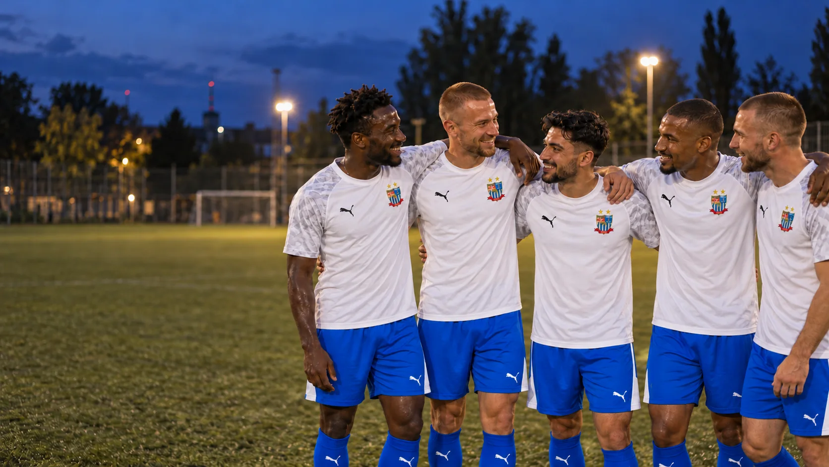 Fünf Spieler mit unterschiedlichen Hauttönen stehen nach dem Training in weiß-blauen Dressen freundschaftlich zusammen – illustratives KI-Motiv.